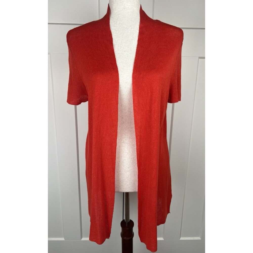 Chico’s Open Cardigan Sweater Size 2 L Red Ramie Rayon Lightweight